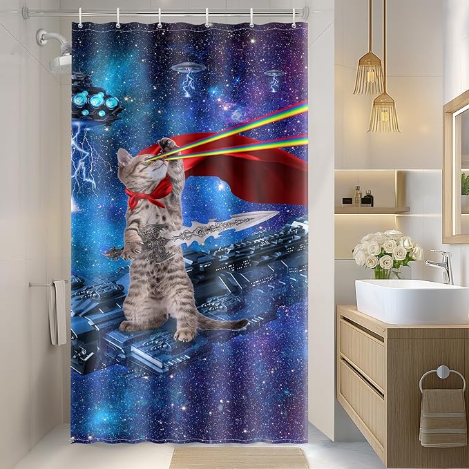Aimego Stall Small Shower Curtain - Funny Cool Cute Cat on Fantasy Outer Space Galaxy Universe UFO Narrow Half Fabric Cloth Shower Curtain Set for Bathroom Decor Accessories Bath Curtain, 36"x72"