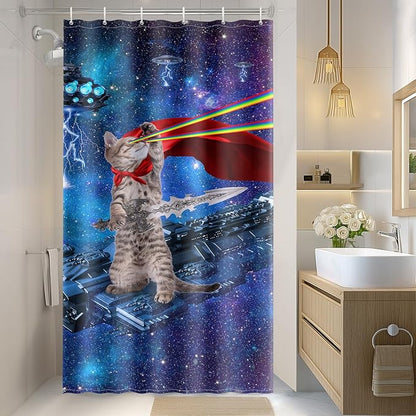 Aimego Stall Small Shower Curtain - Funny Cool Cute Cat on Fantasy Outer Space Galaxy Universe UFO Narrow Half Fabric Cloth Shower Curtain Set for Bathroom Decor Accessories Bath Curtain, 36"x72"