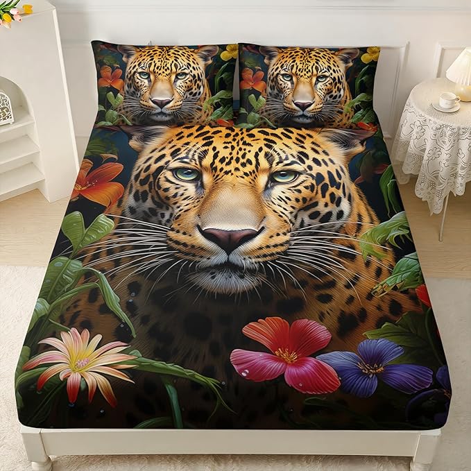 AILONEN Leopard Print Fitted Sheet Set Twin Size for Boys,Safari Cheetah Bed Sheet Set Twin, Jungle Animal Leopard Sheet Set 3 Pieces Wildlife Fitted Sheet with 2 Pillowcases