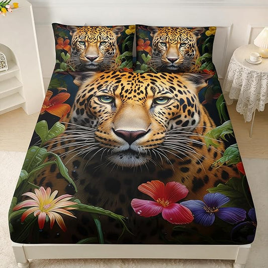 AILONEN Leopard Print Fitted Sheet Set Twin Size for Boys,Safari Cheetah Bed Sheet Set Twin, Jungle Animal Leopard Sheet Set 3 Pieces Wildlife Fitted Sheet with 2 Pillowcases