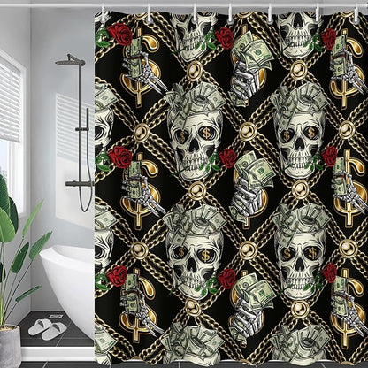 AILONEN Skull Shower Curtain for Boys,Gold Money Skeleton Bath Curtain for Decor,Luxurious Skull Print Shower Curtain with 12 Plastic Hooks,Waterproof 72" W*78" H