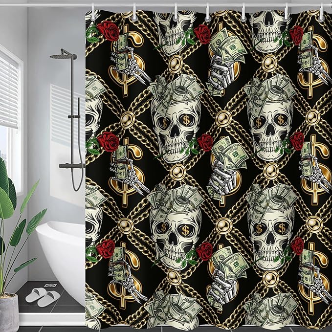 AILONEN Skull Shower Curtain for Boys,Gold Money Skeleton Bath Curtain for Decor,Luxurious Skull Print Shower Curtain with 12 Plastic Hooks,Waterproof 72" W*84" H