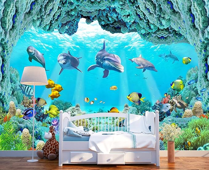 3D Ocean Animal World Shark cave Shoal of Fish Wallpaper Mural for Kid's Room (Not Peel and Stick)