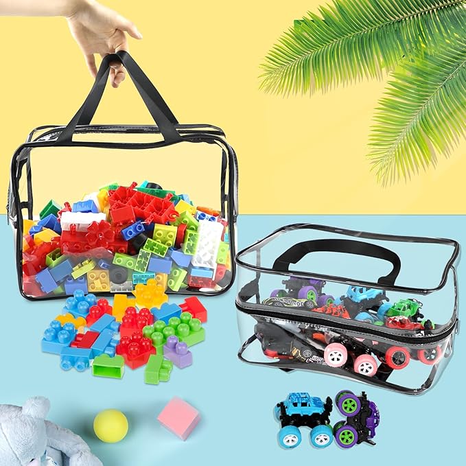 6 Packs Extra Large Toy Storage Bags 12.6×9.25×6.9In with Labels, Reusable Clear PVC Board Game Storage, Travel Waterproof Organizer Bags with Zipper for Building Blocks, Puzzle, Stuffed Animals
