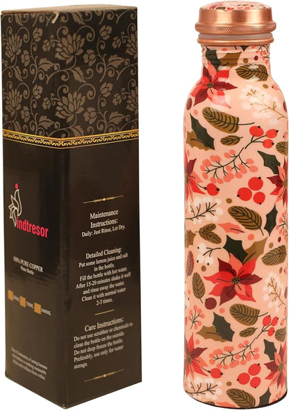 Pure Copper Water Bottle - Handcrafted - Ayurveda Health Benefits - Large 35 oz - Leak proof - Easy to carry for Sports, Fitness, Yoga, School - Textured Multicolor Floral.