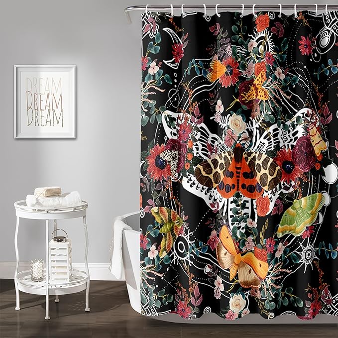 AILONEN Death Moth Shower Curtain,Sun Moon Shower Curtain Set for Kids Girls Boys,Boho Natural Plants Bathroom Decor Shower Curtain with 12 Hooks,72" W*72" H