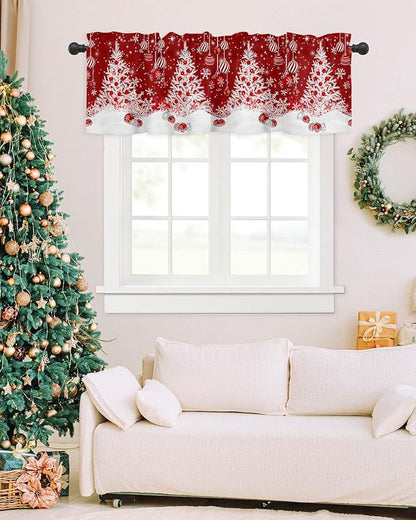 Red Christmas Valance Curtains for Kitchen Windows White Xmas Tree Snowflakes Red Balls Rod Pocket Window Treatment Toppers for Kitchen/Living Room/Bedroom/Bathroom, 42" X 12", Winter