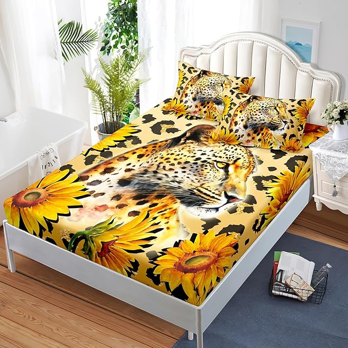 AILONEN Leopard Fitted Sheet Set for Boys, 3 Pieces Twin XL Yellow Sunflower and Animal Cheetah Leopard Printed Fitted Sheet Set for Kids Adults,1 Fitted Sheet with 2 Pillowcases