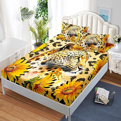 AILONEN Leopard Fitted Sheet Set for Boys, 3 Pieces Twin Yellow Sunflower and Animal Cheetah Leopard Printed Fitted Sheet Set for Kids Adults,1 Fitted Sheet with 2 Pillowcases