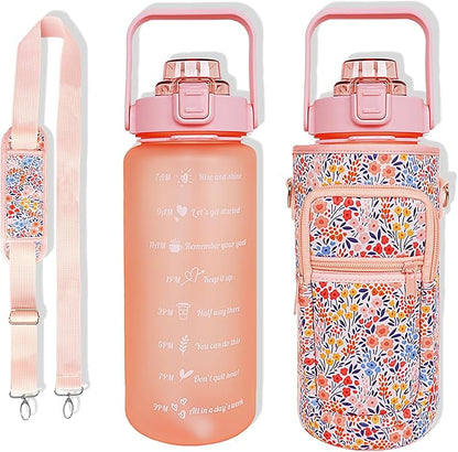 64 oz Water Bottle with Straw Sleeve & Strap Motivational Half Gallon Water Jug with Handle for Gym Women Men Aesthetic Water Bottle with Strap Floral