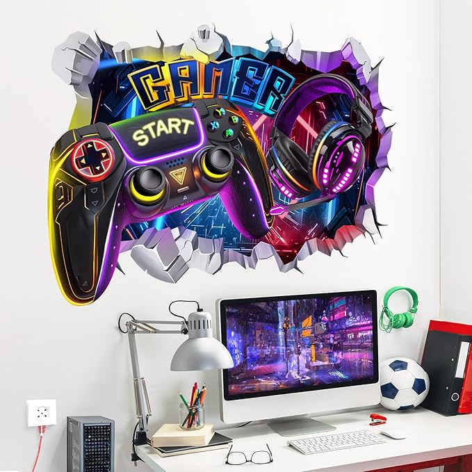 decalmile Large 3D Game Wall Decals Gamer Controller Video Gaming Joystick Wall Stickers Teenagers Boy Bedroom Playroom Wall Decor