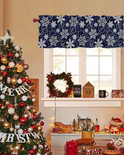 Christmas Valance Curtains for Kitchen Windows White Navy Snowflakes Pattern Rod Pocket Window Treatment Toppers for Kitchen/Living Room/Bedroom/Bathroom, 42" X 12", Winter