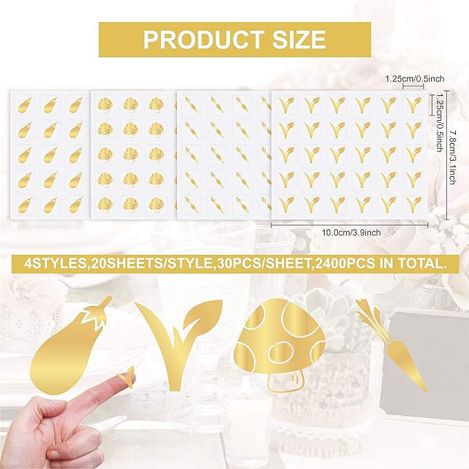 OLYCRAFT 2400pcs 4 Styles Gold Meal Stickers 0.5 Inch Food Choice Sticker Eggplant/Mushroom/Carrot/Vegan Wedding Meal Indicator Stickers Kitchen Stickers for Place Card Wedding Party Supplies