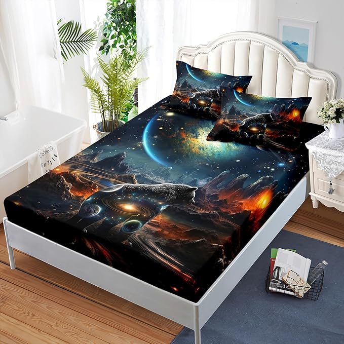 AILONEN Panther Fitted Sheet Set Twin Size, Galaxy Starry Planet Volcano Boys Black Bear Bed Sheet Set,3 Pieces Printed Fitted Sheet with 2 Pillowcases