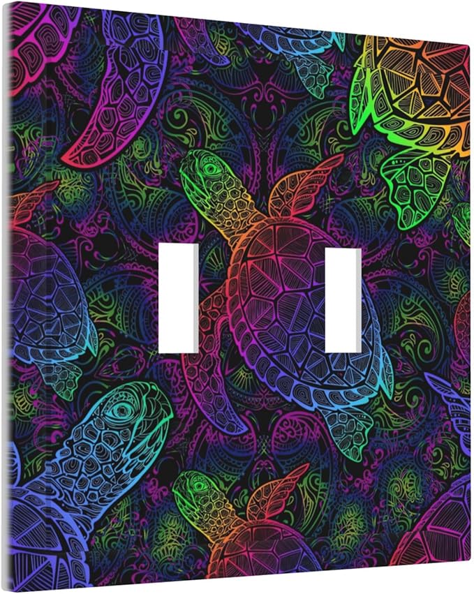Multicolor Colors Sea Turtle Double Toggle Light Switch Covers 2 Gang Wall Plate Dual Decorative Switchplate Electrical Faceplate for Bathroom Country Kitchen Bedroom Decor, 4.9" x 5"