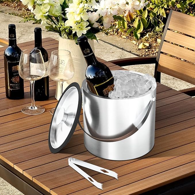 3L Double Wall Ice Bucket for Parties with Silicone Lid, Tongs & Strainer, Bar Insulated Ice Buckets [Silicone Lid for Longer Ice] Cocktail Wine Bucket Champagne Chiller Brown Accent Handle