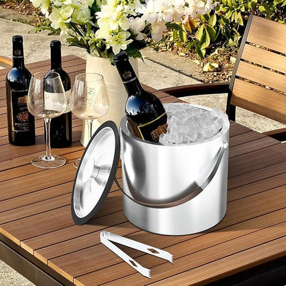 3L Double Wall Ice Bucket for Parties with Silicone Lid, Tongs & Strainer, Bar Insulated Ice Buckets [Silicone Lid for Longer Ice] Cocktail Wine Bucket Champagne Chiller Brown Accent Handle