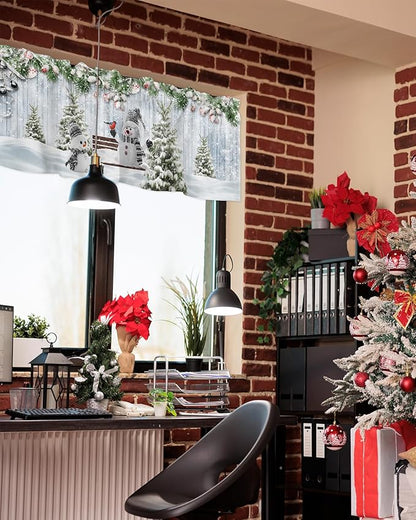 Merry Christmas Valance Curtains for Kitchen Windows Xmas Snowman Snowy Pine Tree Rod Pocket Window Treatment Toppers for Kitchen/Living Room/Bedroom/Bathroom, 42" X 12", Blue Winter