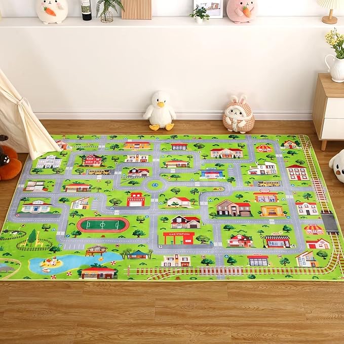 Kids Playmat Car Rug, City Life Fun Carpet Educational Car Rugs for Kids Play with Cars and Toys Road Traffic Play Mat for Bedroom Playroom Classroom Soft Large Area Rug, 8x10 ft, Grey Streets
