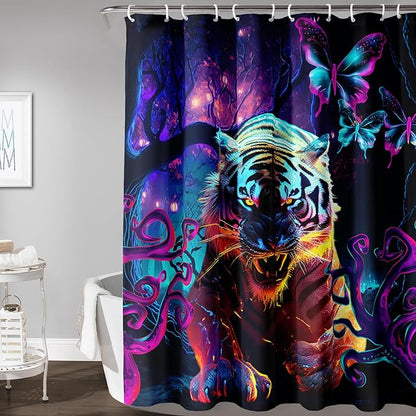 AILONEN 3D Tiger Shower Curtain for Bathroom,Purple Magic Forest Wildlife Printed Bath Curtain,Boys Roaring Tiger Decoration Shower Curtain Waterproof 36" W*72" H