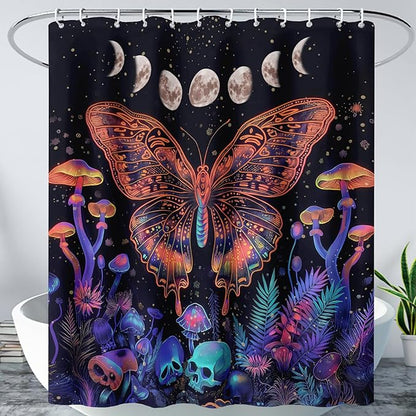 AILONEN Colorful Butterfly Shower Curtain,Magic Mushroom Waterproof Fabric Bath Curtain for Kids Girls,Boho Sun and Moon Skull Shower Curtain Set for Bathroom 48" W*72" H