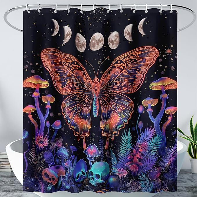 AILONEN Colorful Butterfly Shower Curtain,Magic Mushroom Waterproof Fabric Bath Curtain for Kids Girls,Boho Sun and Moon Skull Shower Curtain Set for Bathroom 72" W*78" H