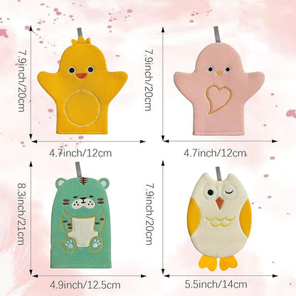 4 Pcs Children Bath Mitt Washcloths Gloves Kids Body Scrubber for Bathing with Cute Animal Shape, Wash Cloths for Babies, Bath Sponge for Kids & Toddler & Adults(Cute Tiger, Eagle, Duckling, Chicken)