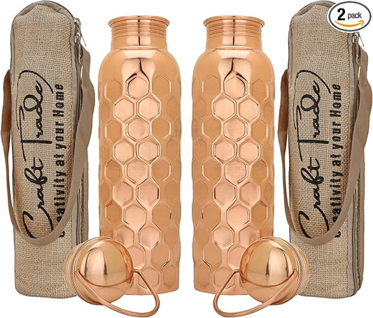 Craft Trade Copper Ayurveda Copper Water Bottle for Drinking 34 oz Set Of 2 Antique Diamond Pure Bottle with Handle Travel Bottle for Gym, Office, Hiking, Outdoor Ayurvedic Hammered Water Vessel