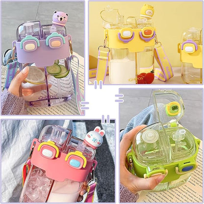 Cute Water Bottle for Kids: 26oz Kawaii Water Bottle for Girls, Funny Bear Water Bottles with Straw and Strap, Dual Compartments Leak-Proof Plastic Drinking Cup for School Sport Travel (Purple)