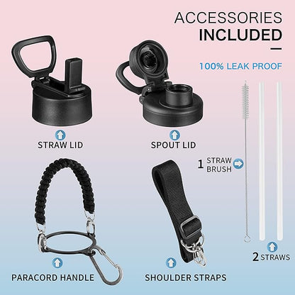 32 oz Insulated Water Bottle with Paracord Handles & Strap, 2 Lids(Straw Lid&Spout Lid), Stainless Steel Reusable Wide Mouth Metal Water Bottle With Straw, Double Walled(Black)