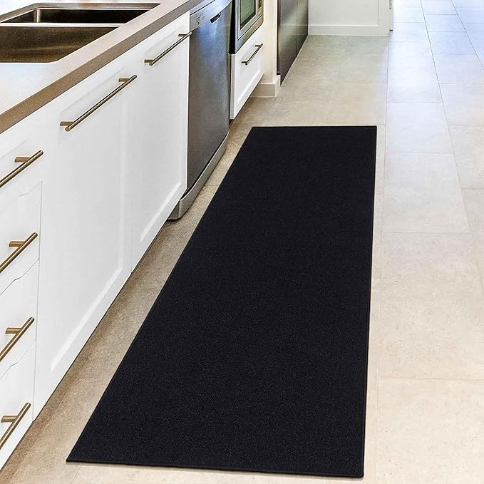 Machine Washable Modern Solid Design Non-Slip Rubberback Traditional Runner Rug for Hallway, Kitchen, Bedroom, Living Room, 2'7" x 12', Solid Black
