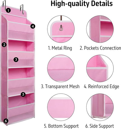 Heavy Duty Over Door Organizer, Wall Mount Hanging Organizer Storage with 4 Large Capacity Pockets, Closet Bathroom Nursery Bedroom Dorm, Toys Cosmetics Sundries and Baby Essentials, Pink