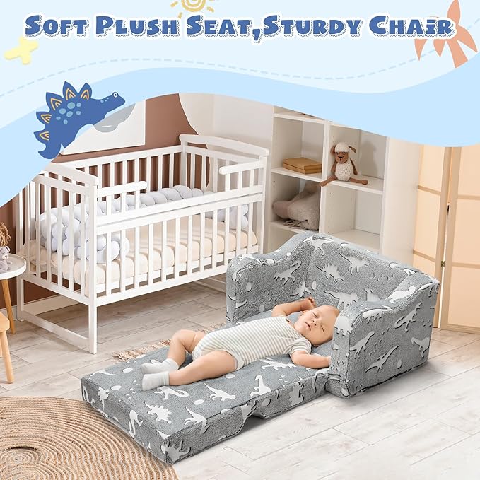 2-in-1 Toddler Chairs Comfy, Toddler Couches That Fold Out,Glow in The Dark, Extra Wide Kids Chairs for Toddler, Baby Couch for 1-3 Year Old, Gifts for Girls & Boys, Gray