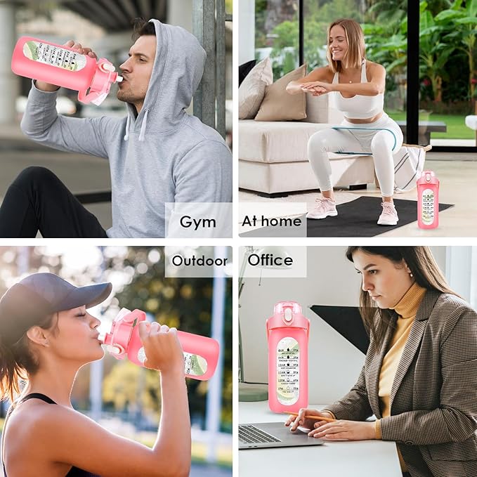 32 oz Glass Water Bottle with Time Marker - 1000ml Large Sports Motivational Water Bottles with Handle & Silicone Case, 1 Liter Leak-proof Measured Drinking Bottle for Gym Fitness Workout (Pink)