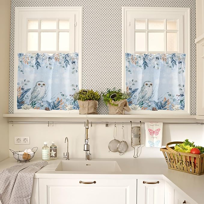Blue Christmas Kitchen Curtains and Valances Set, Winter Snowy Owl Poinsettia Eucalyptus Leaves Windows Treatments Tiers Half/Short Curtains for Small Windows Cafe /Living Room/ Bedroom 54x24 in