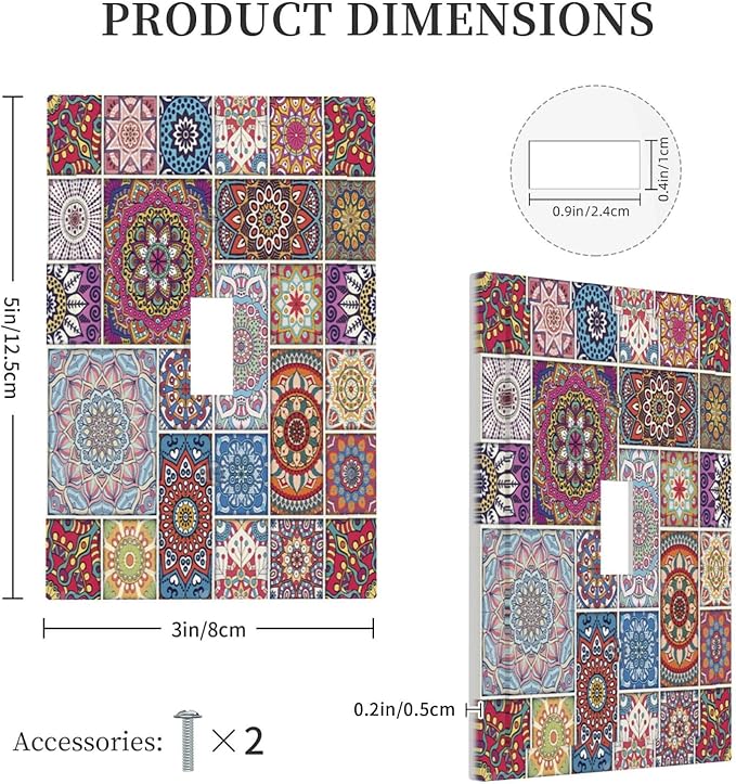 Morocco Talavera Mexican Tiles Printed Colroful Mandala 1 Gang Light Switch Covers Single Toggle Wall Plate Decorative Switchcover Electrical Switchplate for Kitchen Bathroom Bedroom Decor
