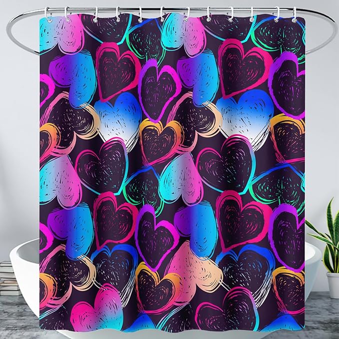 AILONEN Hearts Shower Curtain for Bathroom, Colorful Hearts Love Theme Bath Curtain for Kids Girls Women,Abstract Hearts Print Black Shower Curtain Waterproof with 12 Plastic Hooks, 72" W*78" H