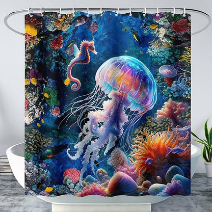 AILONEN Cartoon Jellyfish Shower Curtain,Underwater Animal Seahorses Style Bathroom Curtains Set for Kids,Girls,Ocean Theme Shower Curtains Set with Hooks for Bathroom,36" W*72" H