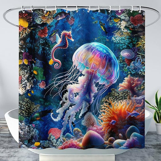 AILONEN Cartoon Jellyfish Shower Curtain,Underwater Animal Seahorses Style Bathroom Curtains Set for Kids,Girls,Ocean Theme Shower Curtains Set with Hooks for Bathroom,72" W*72" H