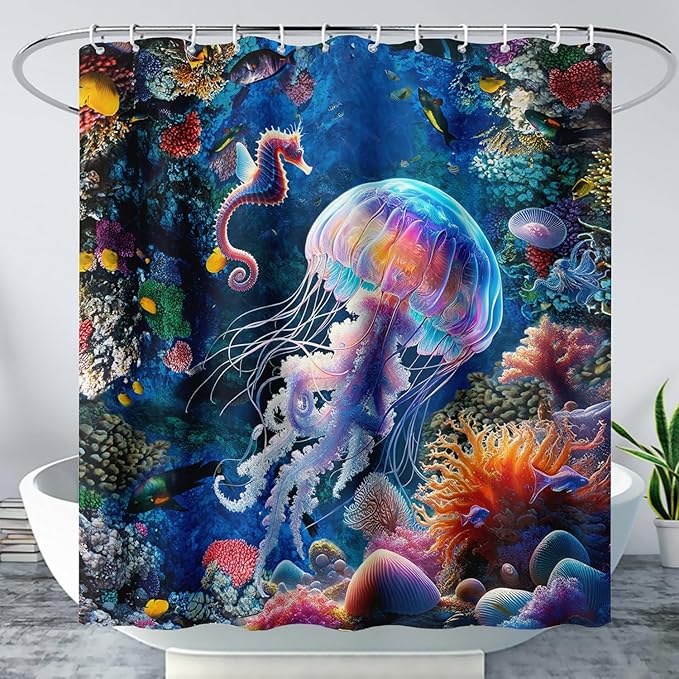 AILONEN Cartoon Jellyfish Shower Curtain,Underwater Animal Seahorses Style Bathroom Curtains Set for Kids,Girls,Ocean Theme Shower Curtains Set with Hooks for Bathroom,60" W*72" H