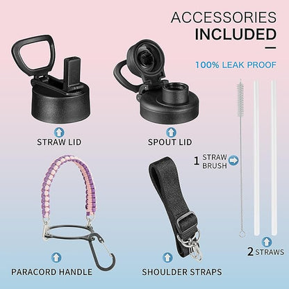 32 oz Insulated Water Bottle with Paracord Handles & Strap, 2 Lids(Straw Lid&Spout Lid), Stainless Steel Reusable Wide Mouth Metal Water Bottle With Straw, Double Walled, Thermo Mug（Tropical Fruit)