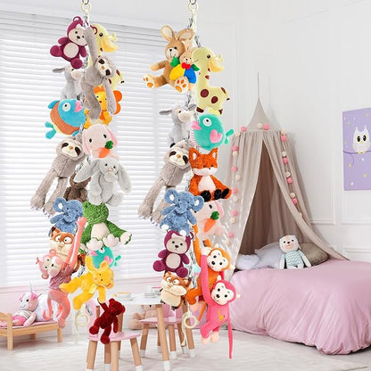 2pcs Stuffed Animal Storage Chain - Boho Stuffed Animal Hammock with 40pcs Metal Clips, Stuff Animal Organizer Hanging Storage for Kids Bedroom Wall Door Display