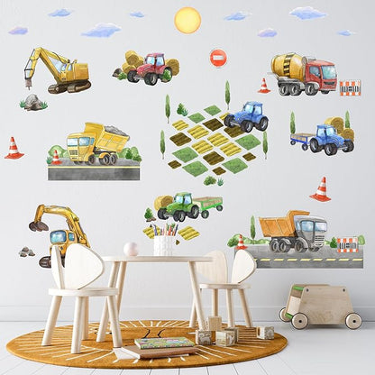 Large Car Wall Decals for Kids by Lipastick - 58 pcs Transports Wall Stickers Peel and Stick Truck Stickers – Construction Cars Wall Decal - Tractor Excavator City Nursery Playroom Wall Décor XXL Size
