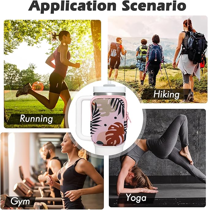 Water Bottle Pouch Cup Accessories for Women Quencher Adventure IceFlow 20oz 30oz 40oz Tumbler Pouch with Handle Running Pouch Bag for Cards Keys(Khaki Leaf)