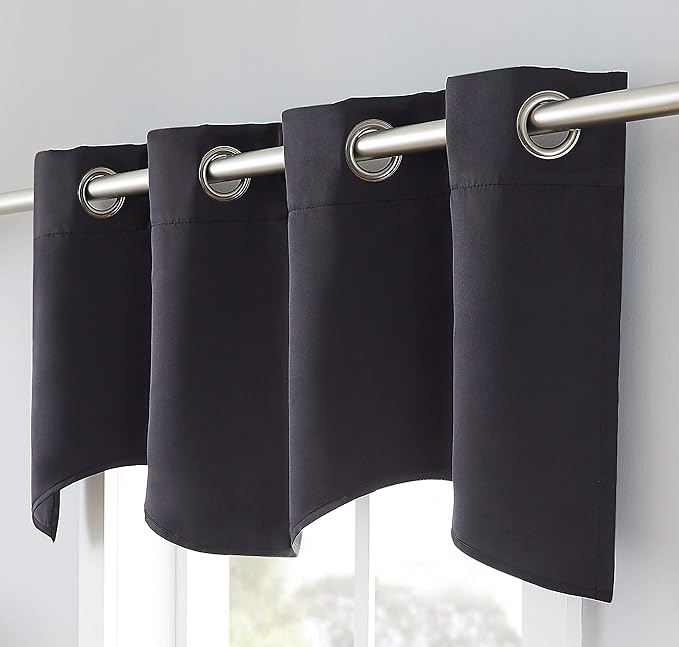 LinenZone 1 Scalloped Valance Curtain Panel - Premium Grommet Blackout Drape - 54 inch Wide x 18 Inches Long - Solid Thermal Insulated Draperies (Nicole Scallop 54 x 18, Black)