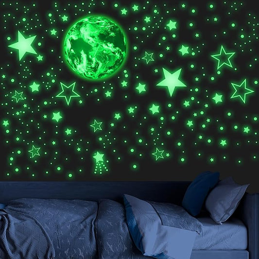 965 PCS Glow in The Dark Stars and Earth for Ceiling, Luminous Stars and Planet Wall Decals, Kids Room Decor, Glowing Galaxy Wall Stickers for Nursery Decorations (Green)