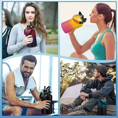 64 oz Insulated Water Bottle with Straw & Auto Spout Lids, Paracord Handle, Half Gallon Waterbottle Strap Carrier & Protective Boot, Wide Mouth Metal Canteen Thermo Mug, Leak-proof Sports Hydro Jug