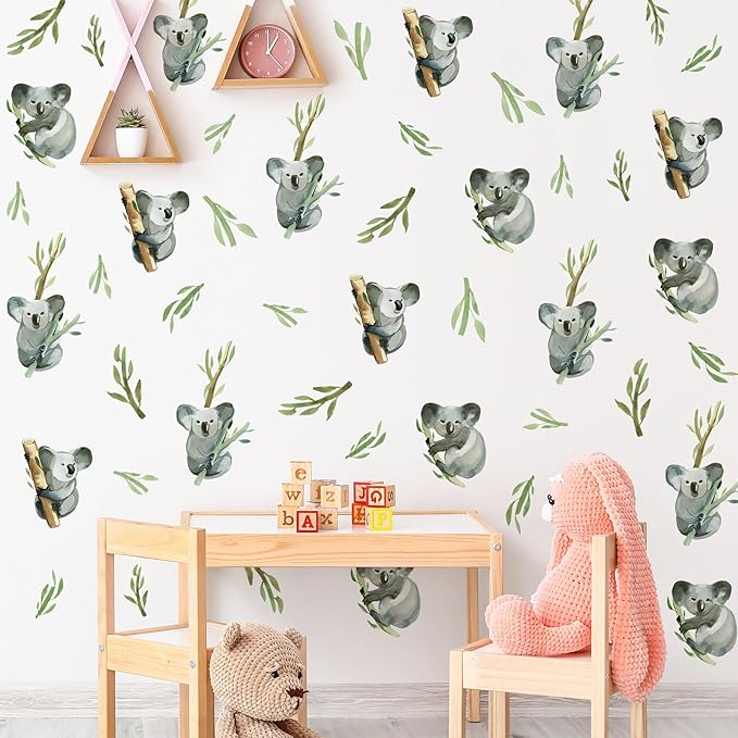 5 Sheets Cartoon Animal Wall Decal Removable DIY Koala Wall Decal Peel and Stick Branch and Leaves Wall Stickers Wall Art for Baby Nursery Bedroom Living Room Playroom Decor