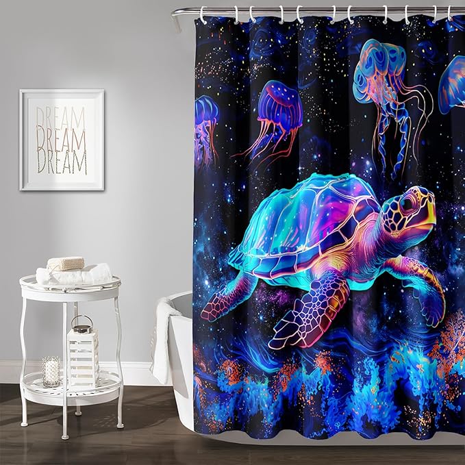AILONEN Colorful Sea Turtle Shower Curtain for Bathroom,Beautiful Turtle with Jellyfish Bath Curtain for Kids,Boys,Girls,Ocean Animal Waterproof Fabric Shower Curtain Set with Hooks,72" W*72" H