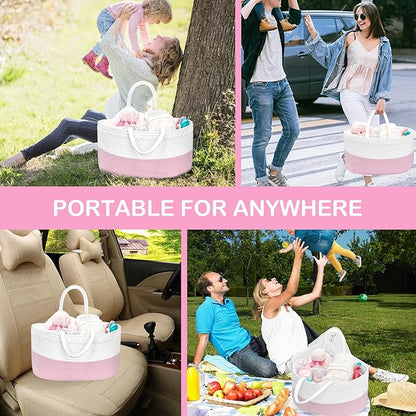 ABenkle X-Large Baby Diaper Caddy, Nursery Storage Bin and Car Organizer for Diapers Wipes, Cotton Rope Basket Changing Table Caddy, Pink